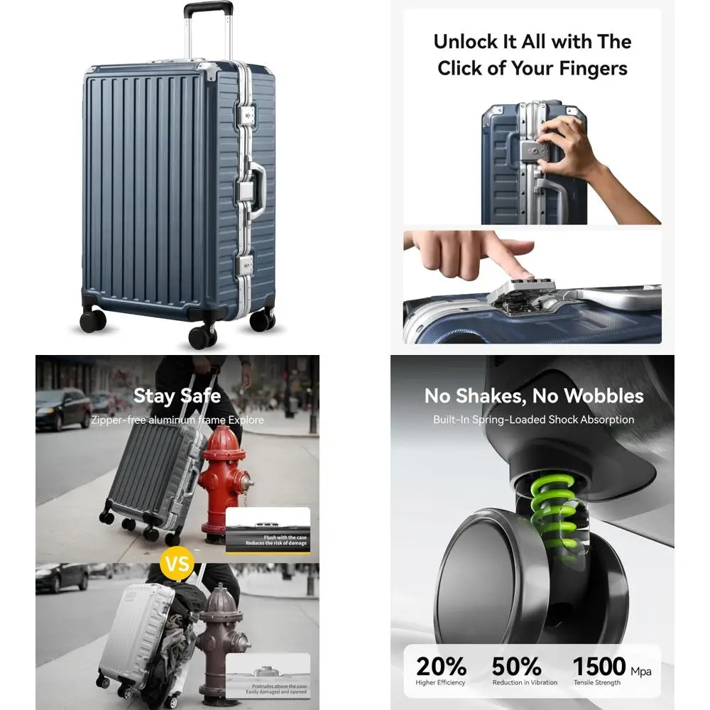 

28-дюймовый чемодан с твердым корпусом и вращающимся колесом, алюминиевый каркас без молнии, синий, дорожный чемодан большой вместимости