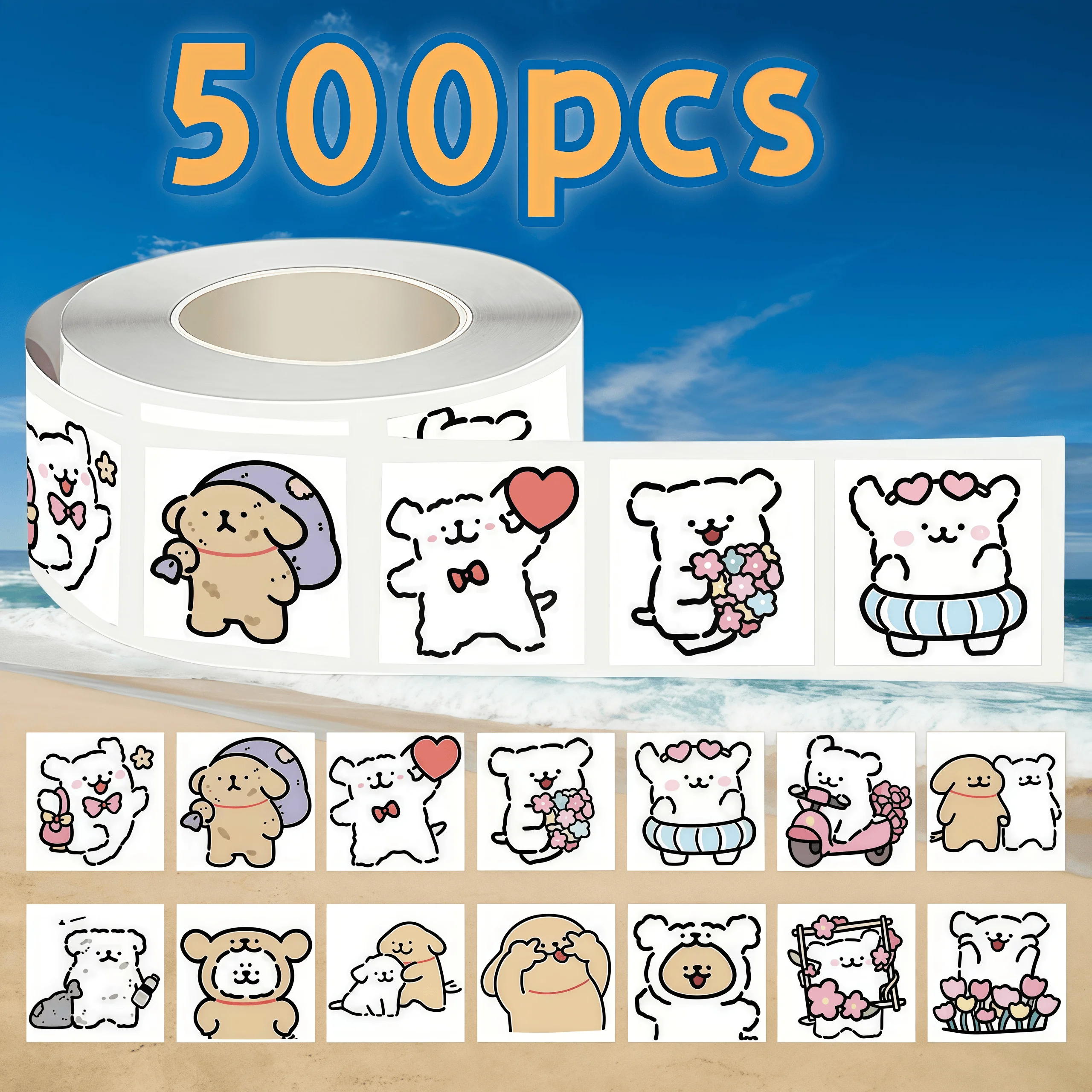 500Pcs Cute Line Art Puppy Sticker Roll, Adorable Love & Beach Theme Cartoon Decals for DIY, Scrapbook & Gift Decor