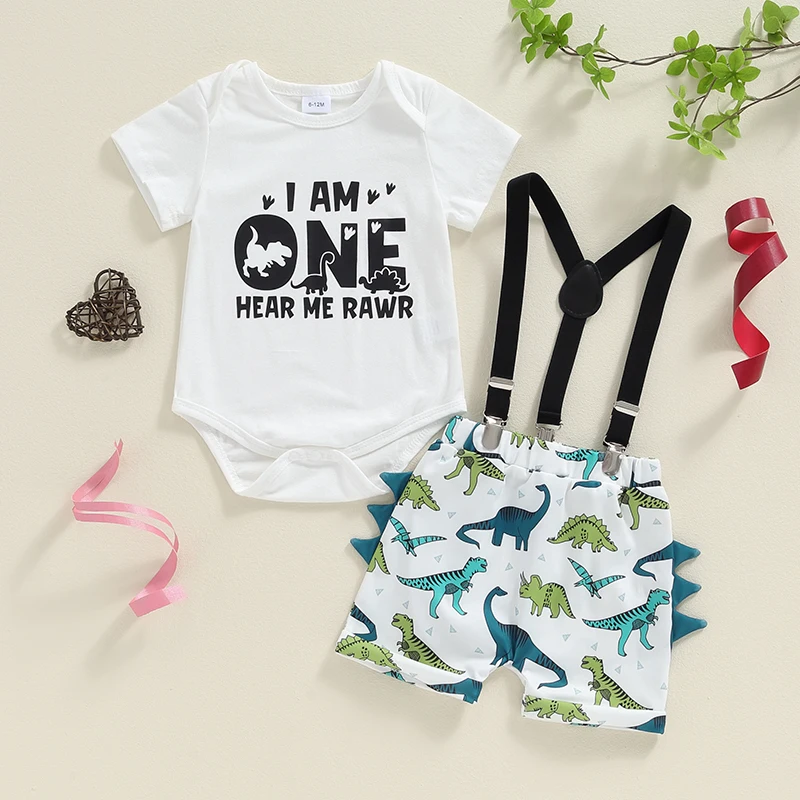 

Baby Boy 1st Birthday Outfit Dinosaur Print Short Sleeve Romper Suspender Shorts Set Cake Smash Clothes Summer