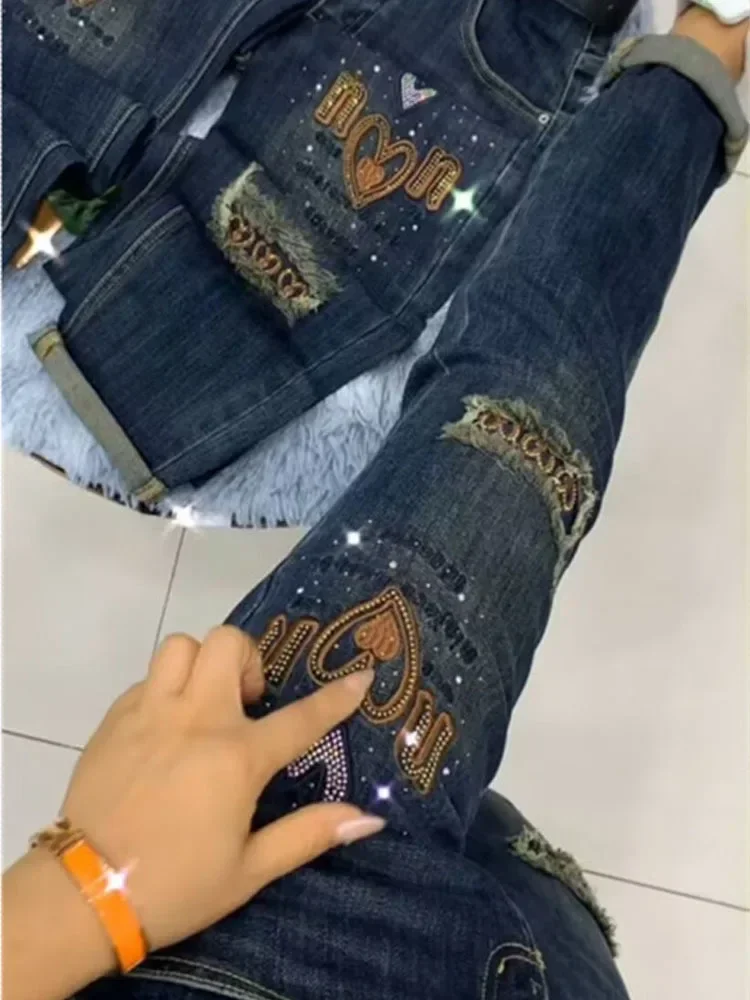 2024 Autumn New Denim Pants for Women High Waist Skinny and Elastic Nine Point Pants European Heavy Industry Pants