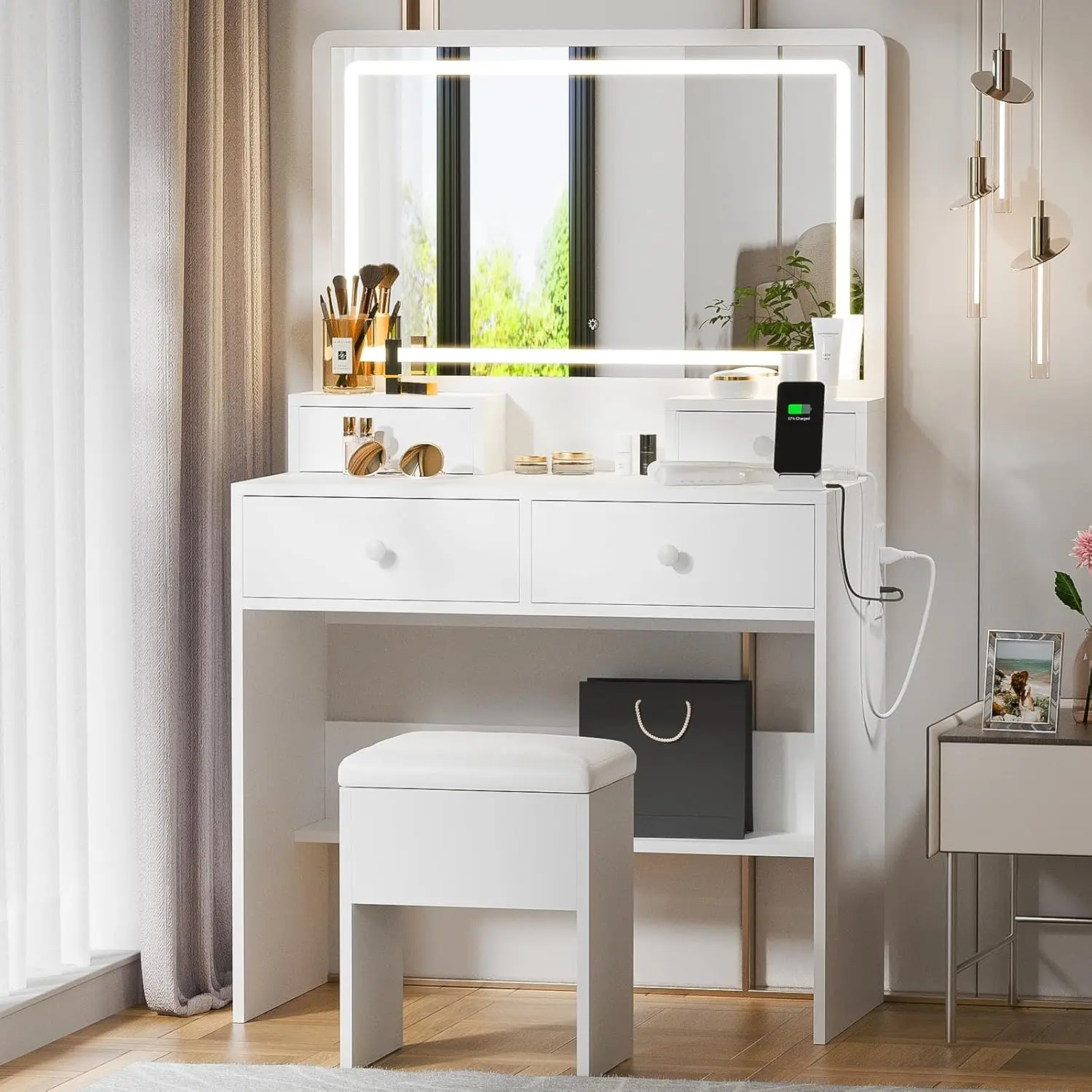 

White Makeup Vanity with Lighted Mirror and Charging Station, Vanity Table Set with Adjustable Lighting, 4 Drawers