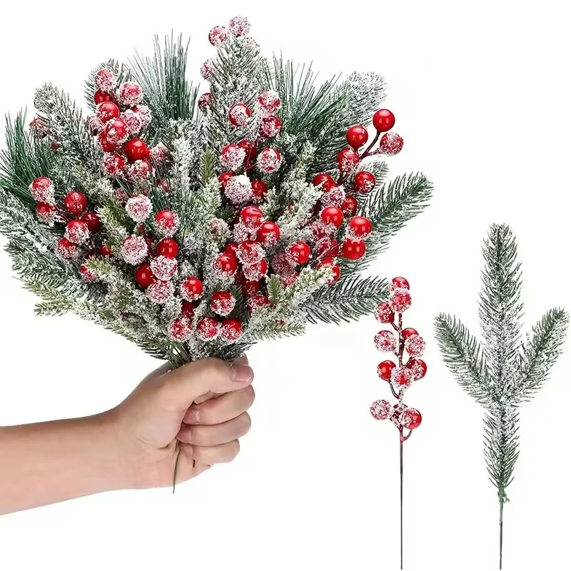 

25/22cm Christmas Decor Artificial Pine Needle Branches Simulation Red Holly Berry for Xmas Wreath Decor Home Decor 2026 Navidad
