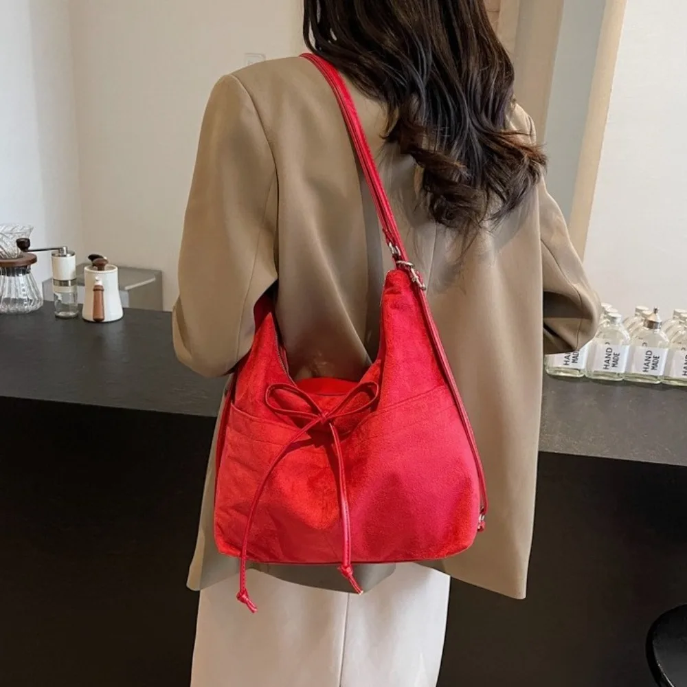 Casual Large Capacity Bow Backpack Korean Style Solid Color Suede Shoulder Bag Multipurpose Handbag Shoulder Tote Bag Girls