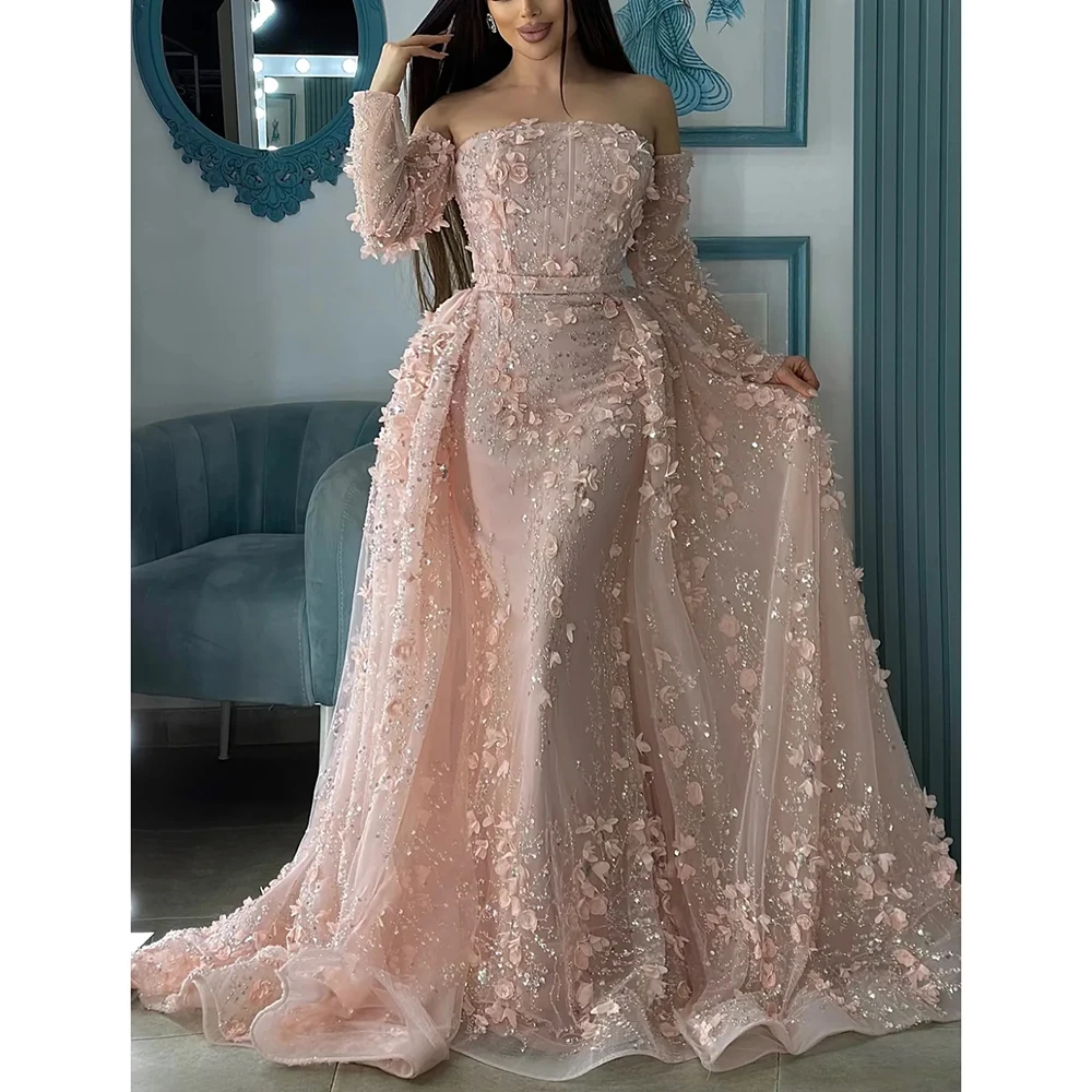 

Custom Made Glamorous Boat Collar Floral Lace Bridal Evening Dress Sheath Backless Prom Party Dress with Detachable Train