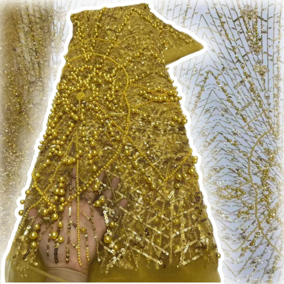 

Роскошная африканская кружевная ткань, 5 ярдов, бархатная кружевная тюль с бисером, кружевная ткань, вышитая нигерийская ткань для шитья свадебного платья CC1658