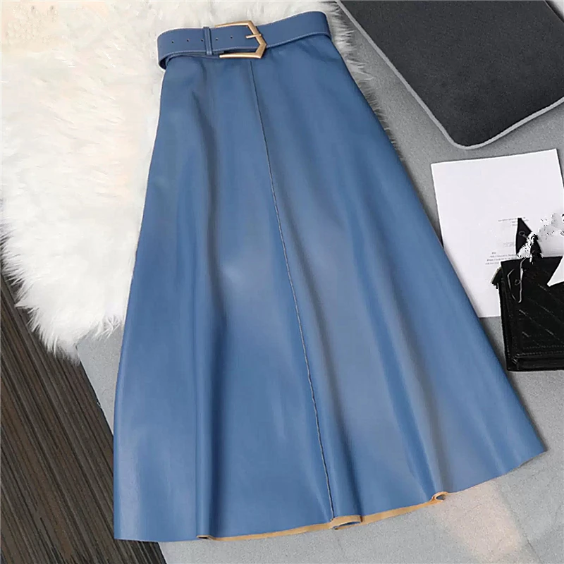 Seoulish 2024 Vintage PU cuero faldas largas de las mujeres otoño elegante Oficina señora A-Line cintura alta faldas casuales sólidas Mujer