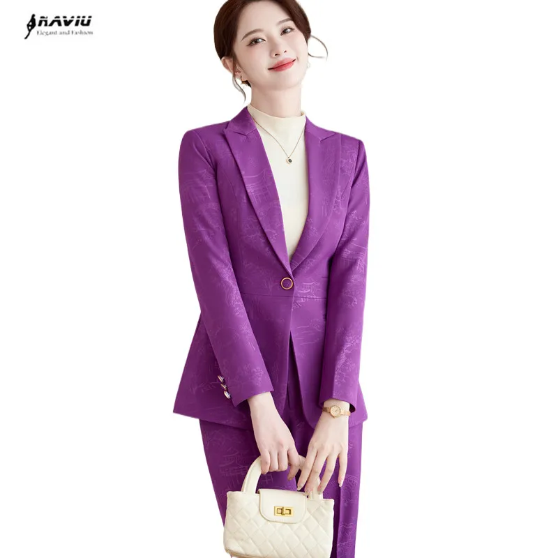 NAVIU Purple Black Orange Claret Suits Women Ladies Female Long Sleeve Single Button Solid Work Wear Office Blazer And Pants