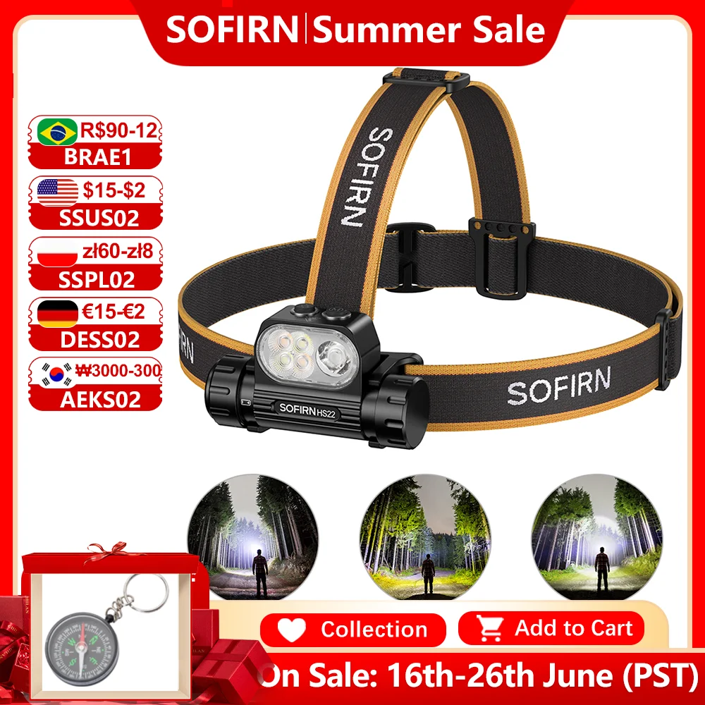 SOFIRN HS22 2500lm Headlamp Stepless Color Temperature Adjustment  SFT25R LED 6000K Flashlight With 2700K Warm light Dual Switch