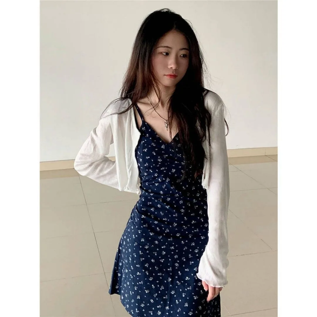 فستان نسائي صغير الحجم مزين بالورود مع سترة منسوجة عادية مجموعة ملابس خريفية للتخسيس غطاء أنيق للإجازات لفصل الربيع #2