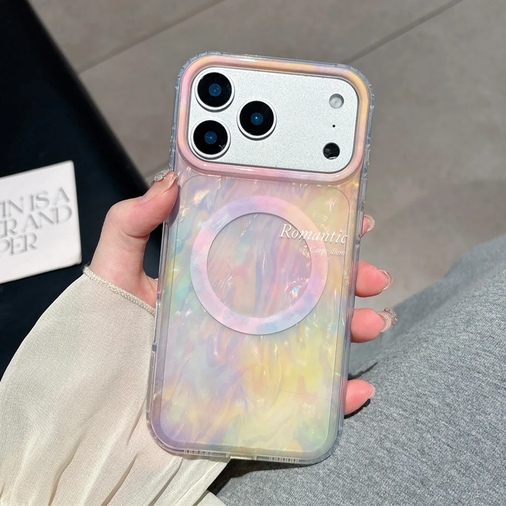 Funda de teléfono magnética con patrón de concha Aurora colorida para iPhone 17 16 15 14 Pro Max, funda protectora transparente con carga inalámbrica