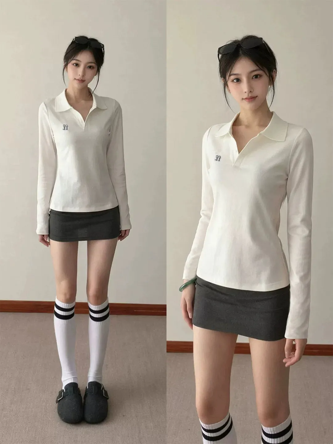 Korean Style Embroidered Long Sleeve V-Neck  Shirt Women's Slim Fit College Style Top Breathable Sweat Absorbent T-Shirt
