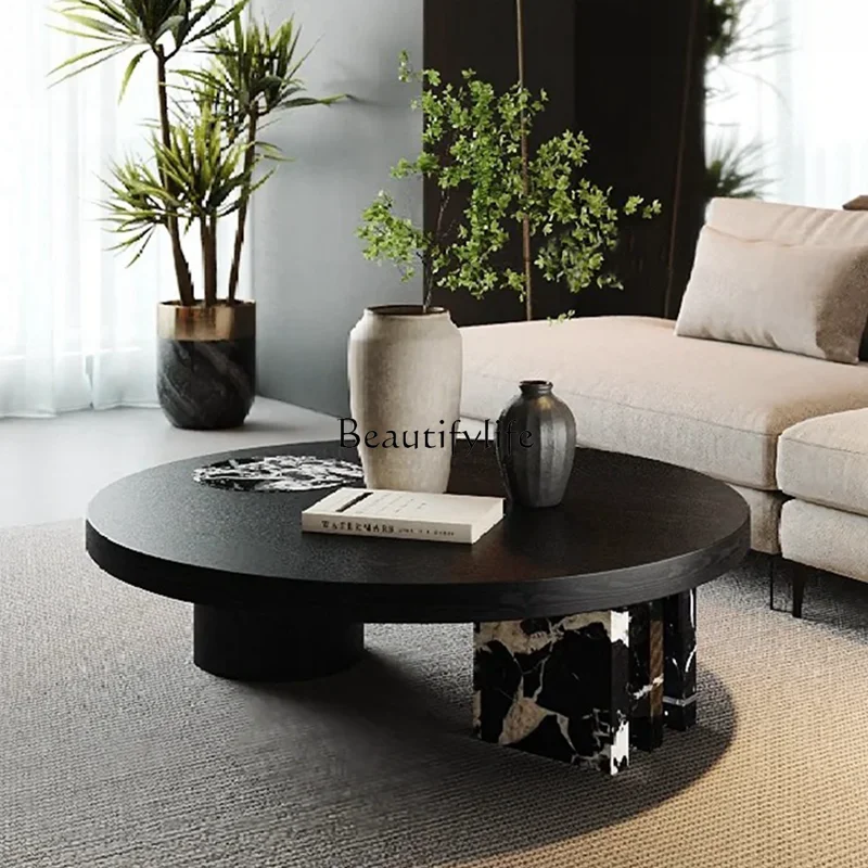 

Italian black round coffee table modern simple light luxury marble rock slab coffee table