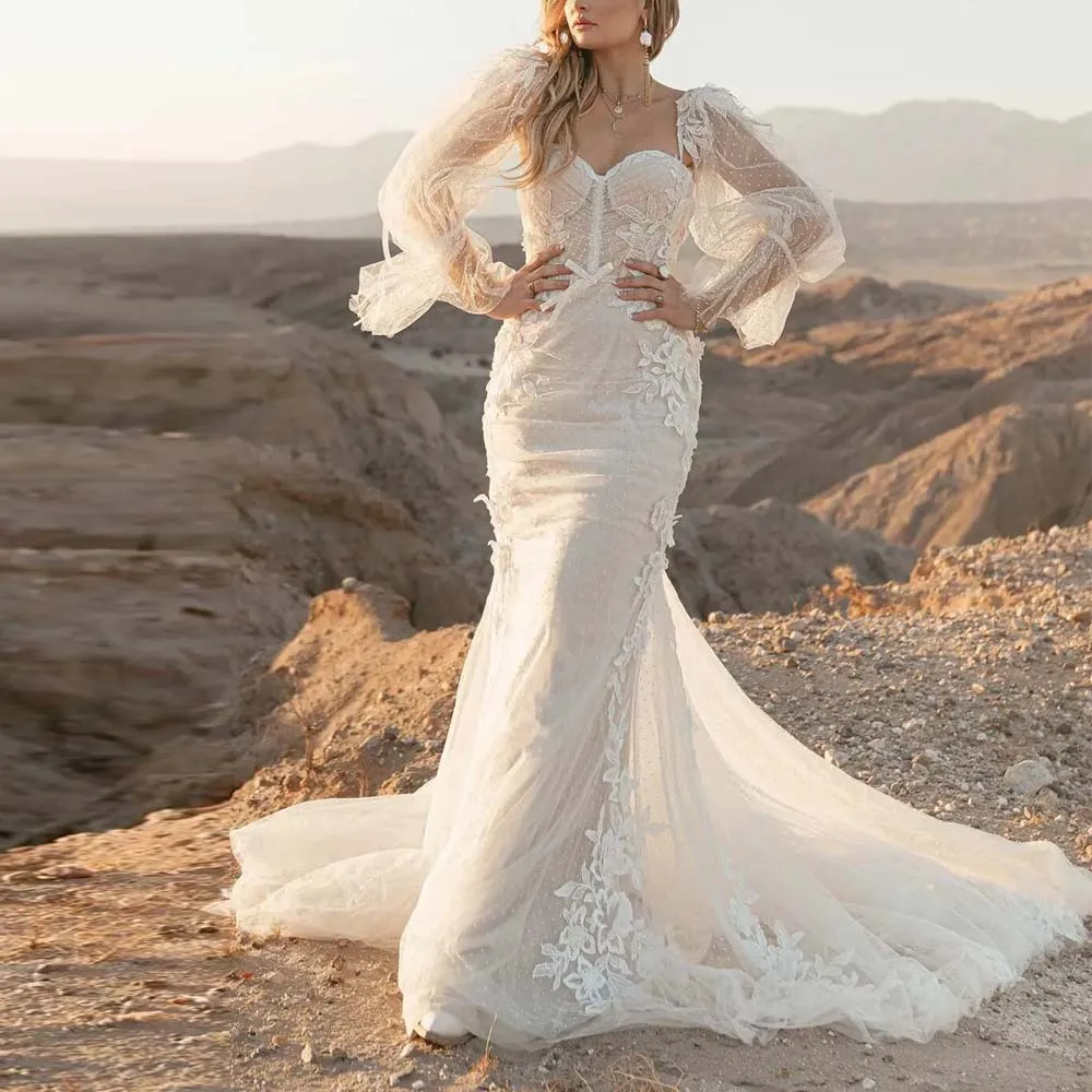 Customized Modest Polka Dot Mermaid Wedding Dress for Bridal Illusion Bodice Fishtail vestidos de novia Luxury Wedding Gown 2026