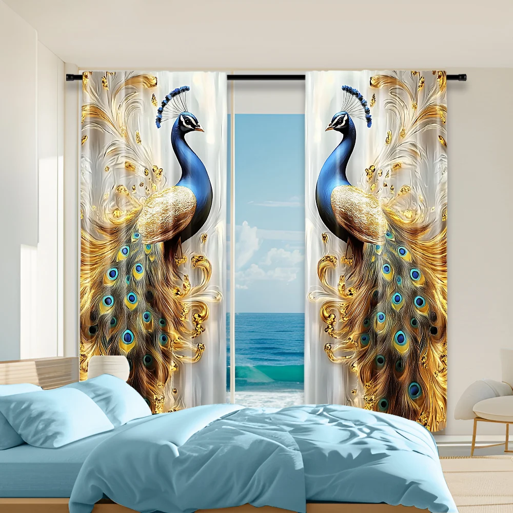 2Pcs Golden Feather Peacock Printed Window Curtains Elegance To Your Home With Luxurious Design And Vibrant Colors Machine