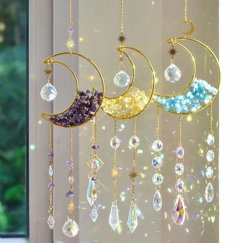 Moon Suncatcher Crystal Wind Chime Gold Moon Metal Hanging Pendant Diamond Rainbow Sun Catcher Window Car Hanging Garden Decor