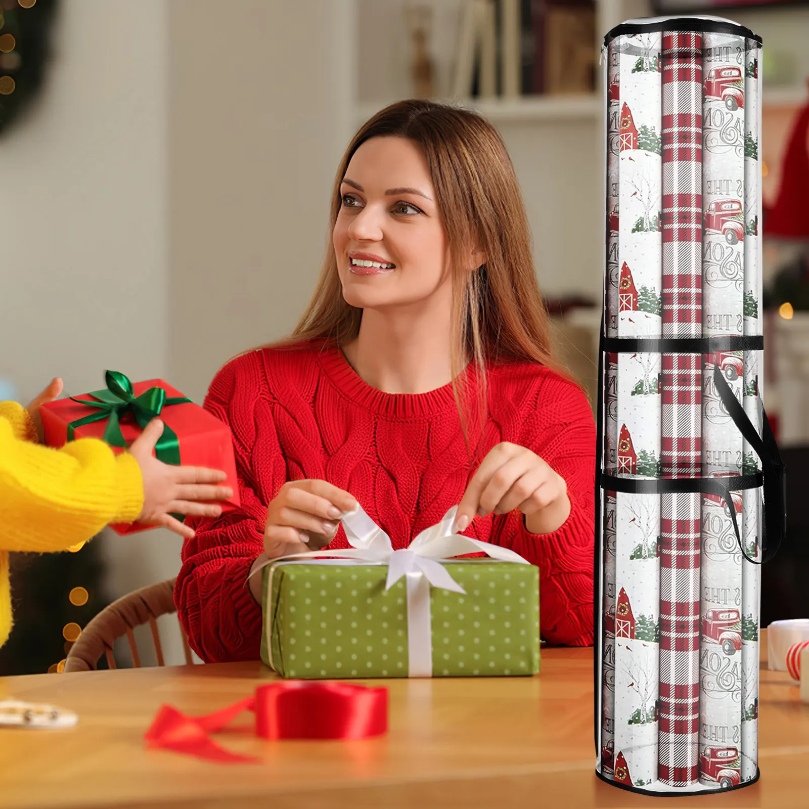 Wrapping Paper Storage Bag 2 Pack Clear PVC Roll Organizer with Handle for Gift Wrap and Craft Supplies