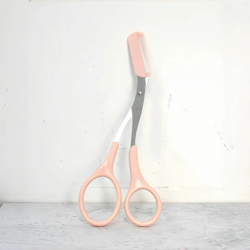 Forbici per tagliare le sopracciglia rosa con pettine incorporato Strumento per toelettatura preciso in acciaio inossidabile per accessori di bellezza per il trucco delle donne