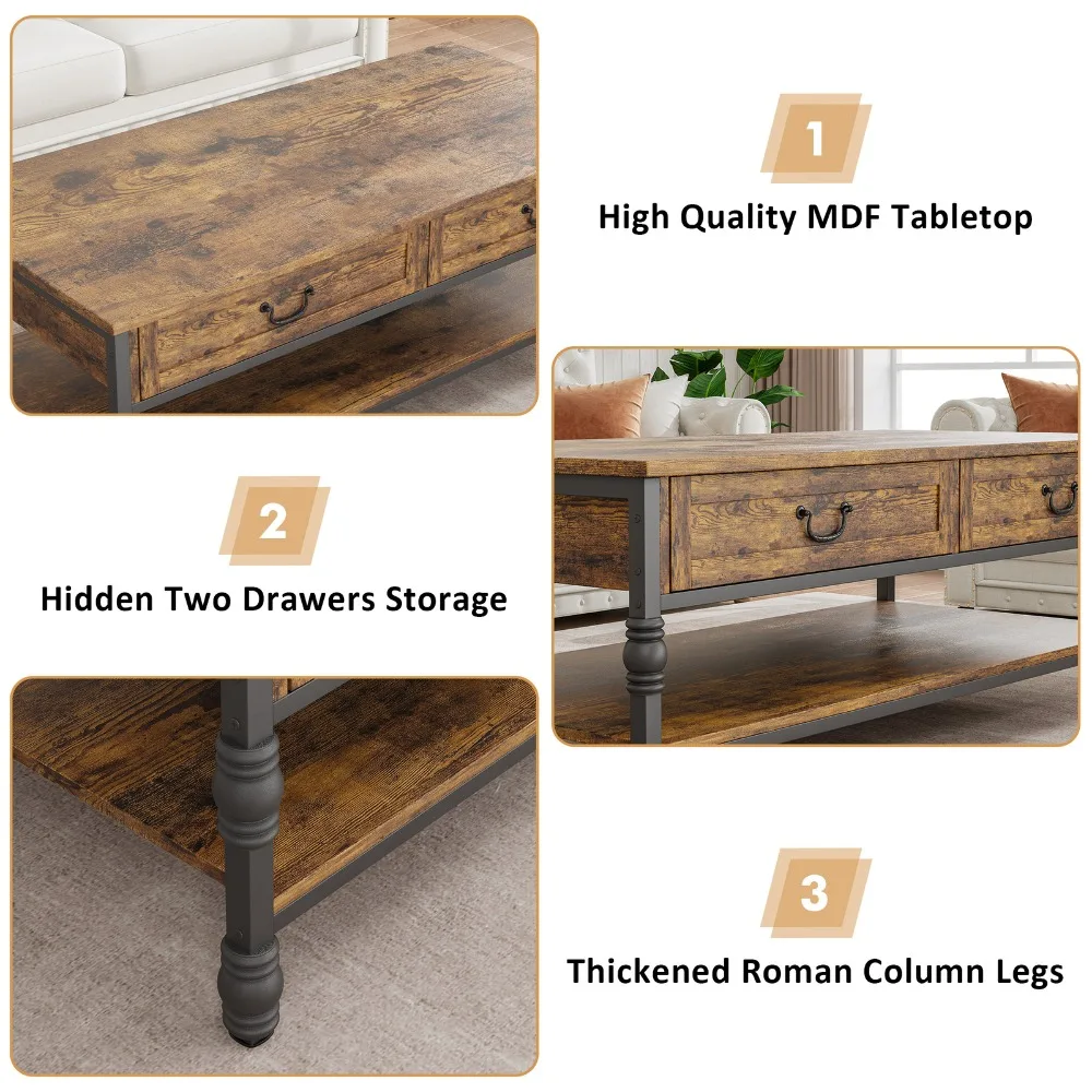 طاولة قهوة مقاس 41 بوصة مع أدراج، طاولة شاي مركزية عتيقة لغرفة المعيشة