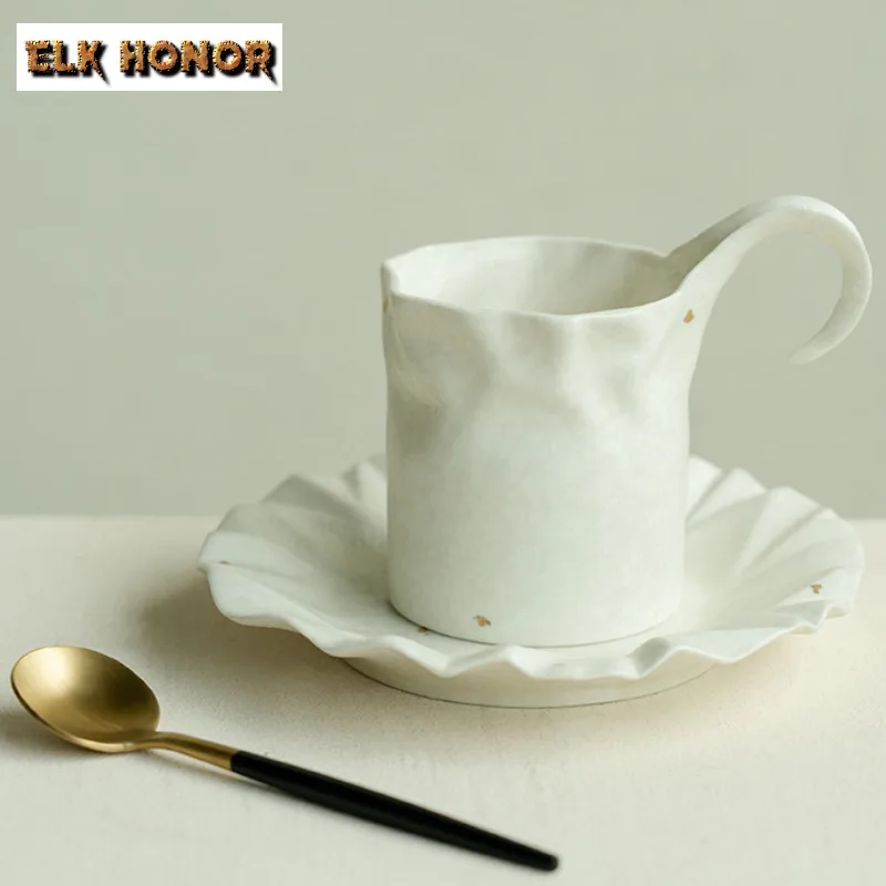 

170ml White Sprinkled Gold European Lun Coffee Mug With Plate Oatmeal Breakfast Mug Afternoon Tea Mug Cup Saucer Kit Drinkware