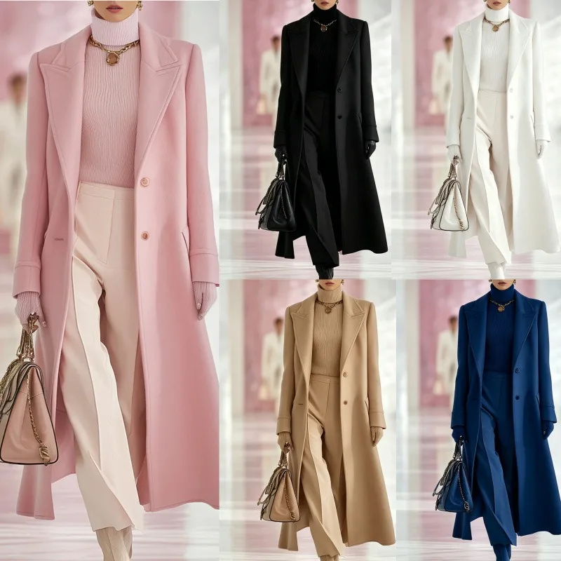 Elegant Long Wool Coat for Women Double Buckle Single Row Autumn Winter Korean Fashion Casual Loose Thickened Warmth