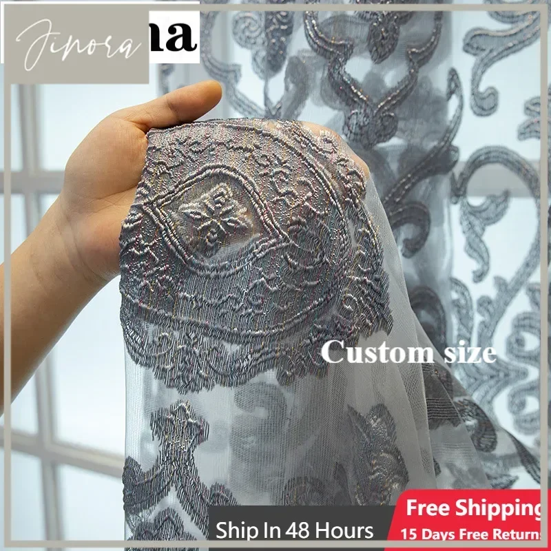 Cortinas de Jacquard huecas grises de lujo europeas, Cortinas de tul transparente dorado para sala de estar, cortinas para ventana de dormitorio, Cortinas