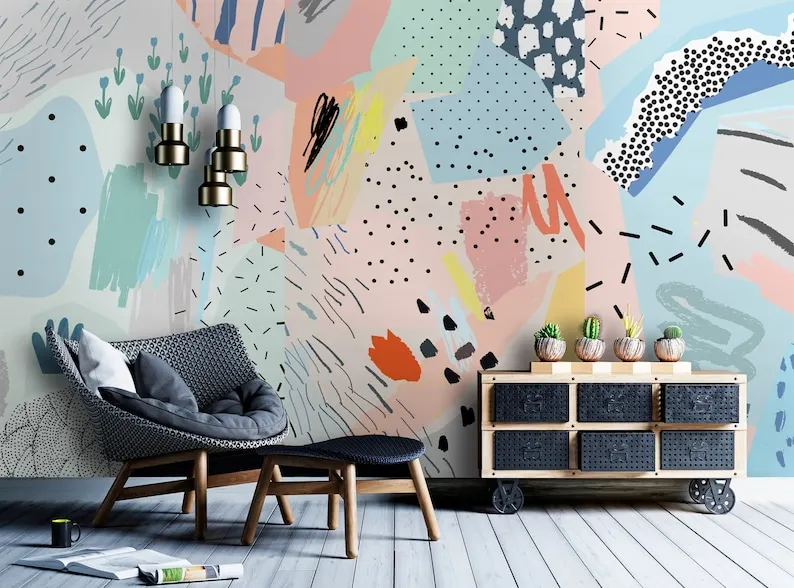 Art Wallpaper Peel and Stick | Colorful Abstract Shape Art Wall Mural