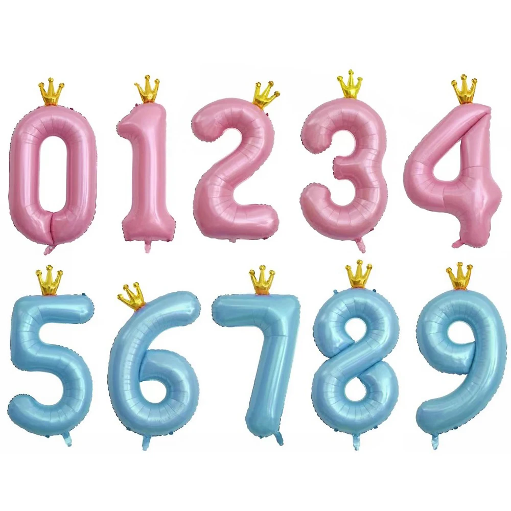 40inch Pastel Baby Blue Pink Foil Number Balloon With Crown 1 2 3 4 5 6 7 8 9 Birthday Party Decorations Kids Toys Baby Shower