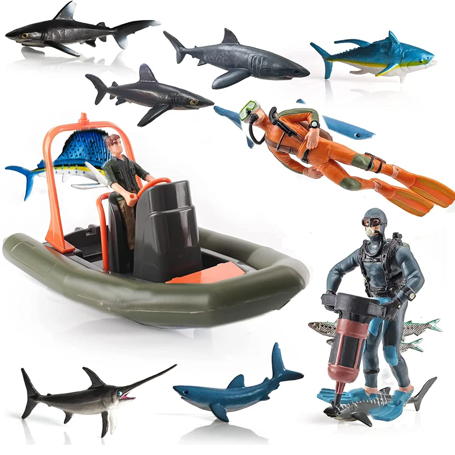 Realistic Underwater Swimmers Figures Scuba Divers,Speed Boat,Shark Whale Toy Model Children Christmas Deco Birthday Gift