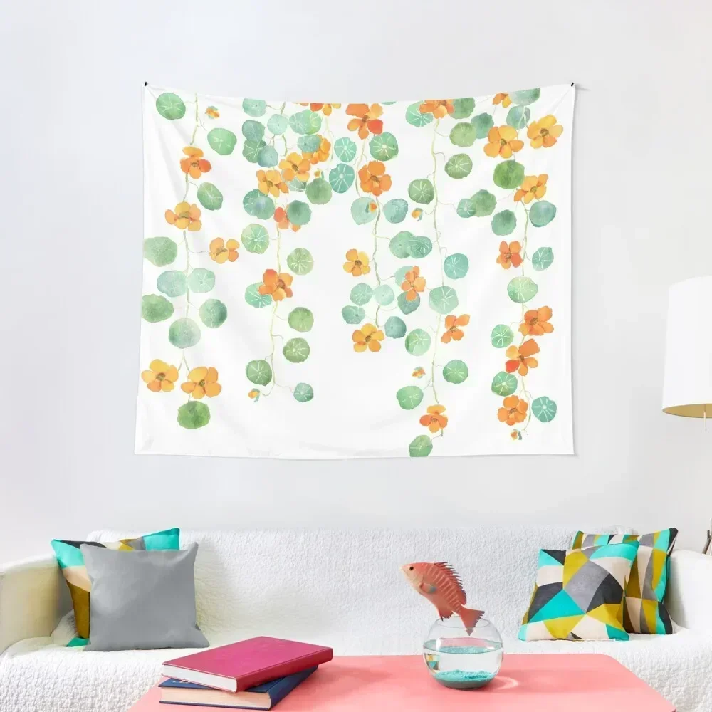 

orange nasturtium flowers and leaves watercolor Tapestry Room Decore Aesthetic Decorative Wall Mural Tapestry