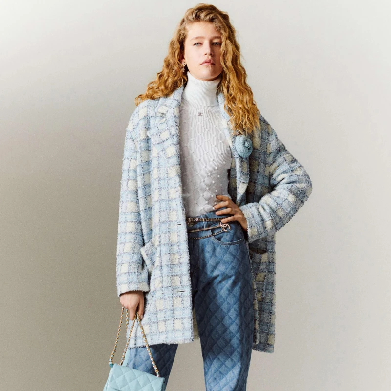 Women\'s Plaid Tweed Coat with Collar, Autumn and Winter Outwear, Small Fragrance, Long and Loose Coat, Blue, 33.7% Wool