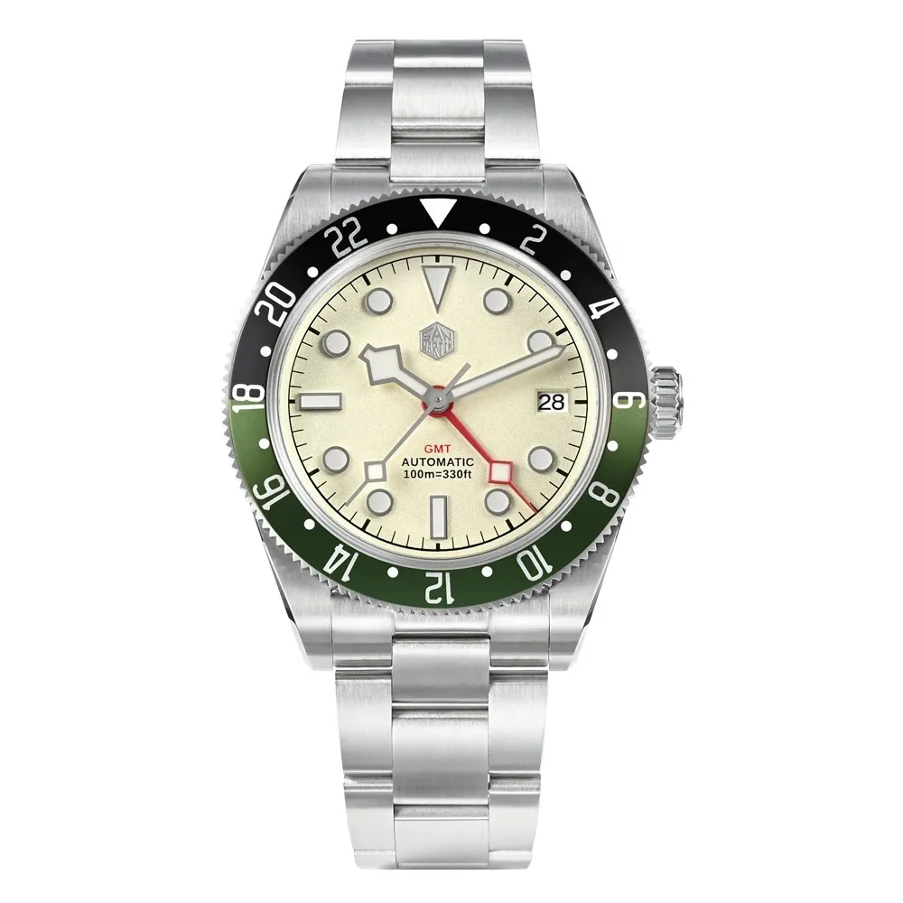 

Мужские часы San Martin GMT 39 мм Автоматические Механические Наручные Часы 10ATM водонепроницаемый светящийся сапфировый двунаправленный алюминиевый Безель