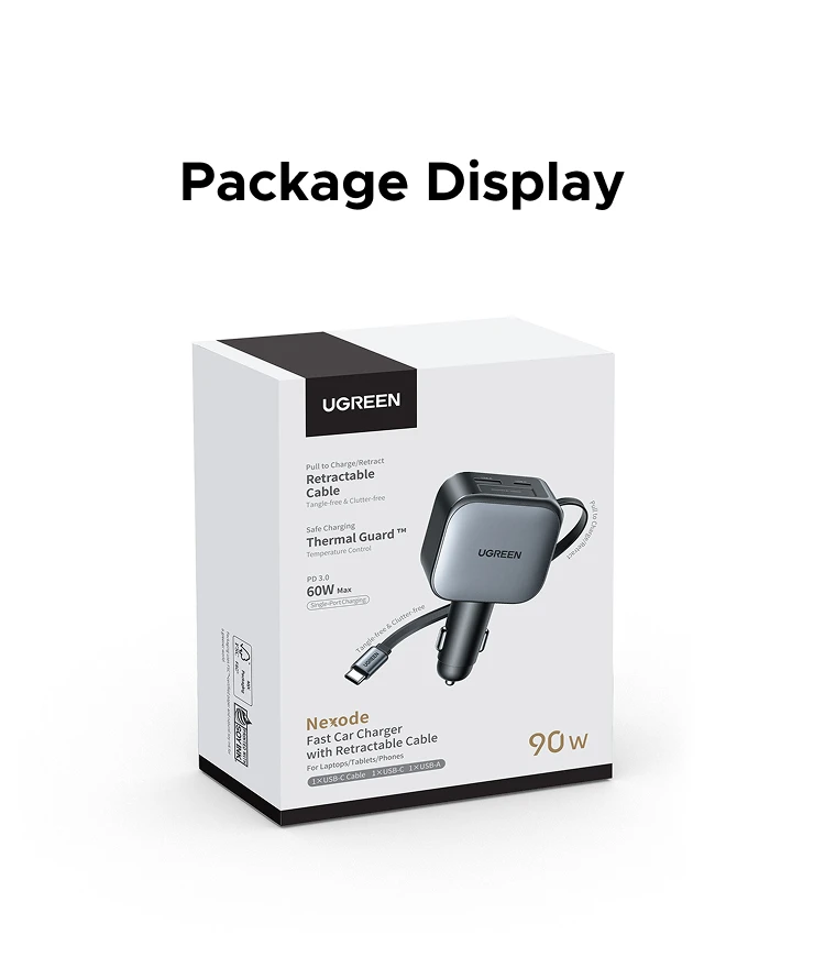 UGREEN 145W 90W 60W Car Charger 3 USB-C & 1 USB-A Ports PD QC4.0 Fast Charging with Retractable Cable for iPhone 18 17 MacBook