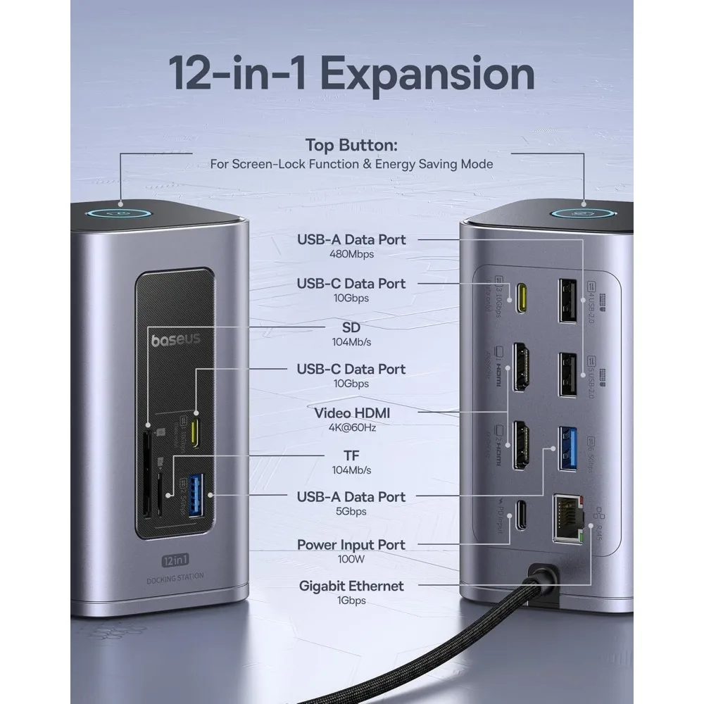 محطة إرساء Baseus Dual Monitor، محور الكمبيوتر المحمول Nomos Win Air، 2x 4K HDMI، منافذ USB 10 جيجابت في الثانية، إيثرنت 1 جيجابت في الثانية، شحن 100 وات PD