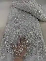 Tissu Africain Blanc en Dentelle et Tulle Perlé à Paillettes, Haute Qualité, Français Nigérian, pour Robe de Soirée de Patients, 2024