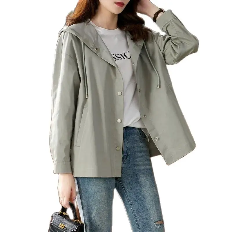 

Spring Autumn Short Casual Lining Jacket Women 2023 New Loose Hooded Outerwear Pure Colour Fashion Covered Button Coat Female