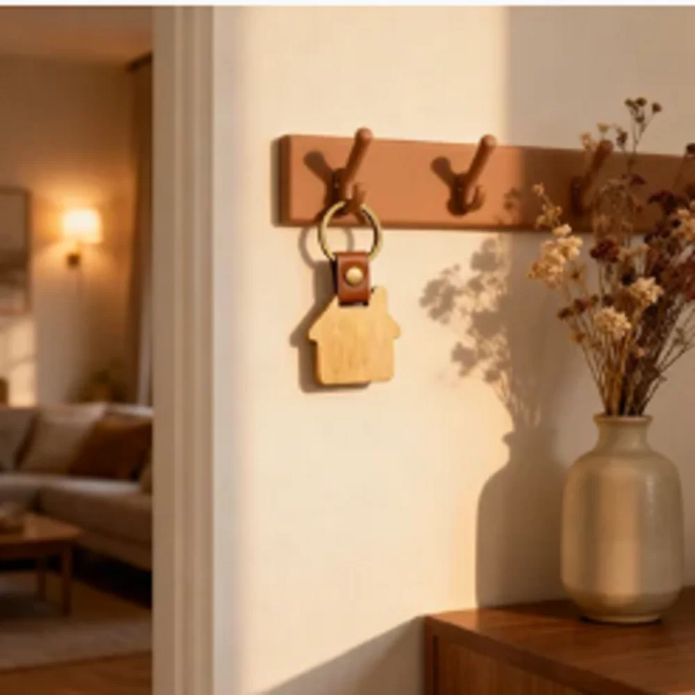 

Wooden Premium Keychain Various Shapes Rectangle Round House Keyring Leather Loop Pendant Shield Lightweight Bag Ornament Custom