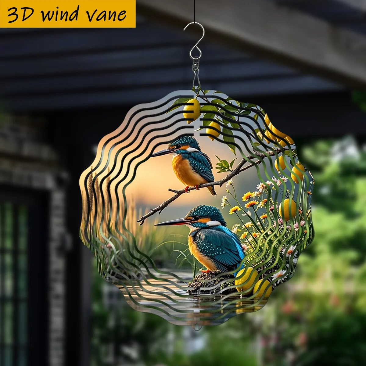 3D Kingfisher River Sunset Wind Spinner - 10 Inch Metal Art with 360 Swivel Hook for Christmas Halloween Garden Patio Gift