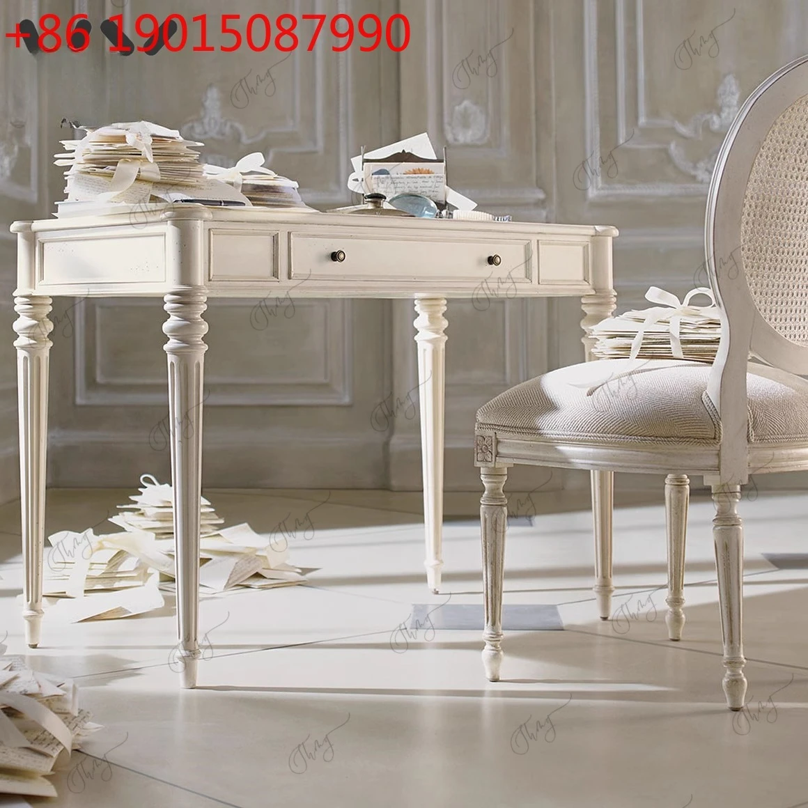 

Solid wood simple desk and chair combination French retro office study table complete high-end customizable