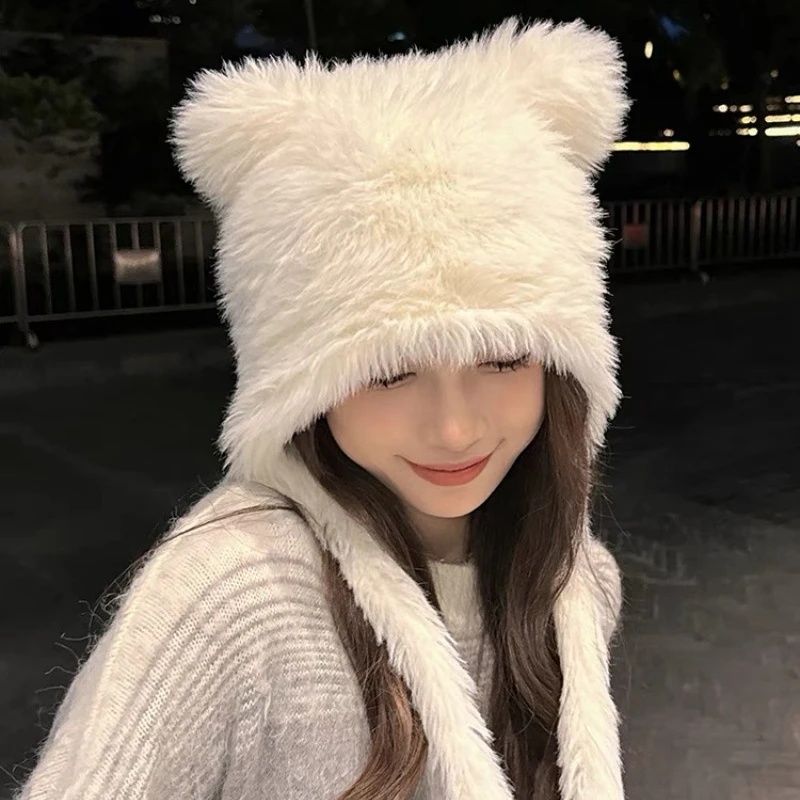 New Halloween Winter Plush Cute Cat Ear Beanies Women Fluffy Pullover Hats Korean Ear Protection Strap Knitting Hat with Earflap