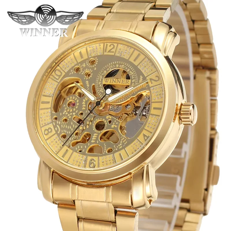 T-winner Men's Gold Hollow Out Mechanical Steel Band Roman Digital Mechanical Watch Silver Wrist Watch