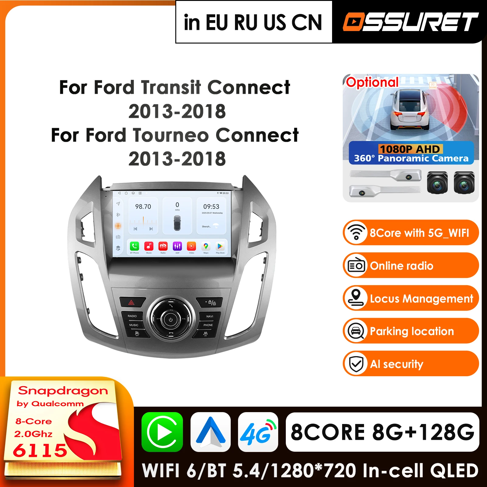 Carplay 4G 2 Din Android 14 Car Radio for Ford Transit Connect 2013 - 2018 Ford Tourneo Connect Multimedia Video Player GPS DSP
