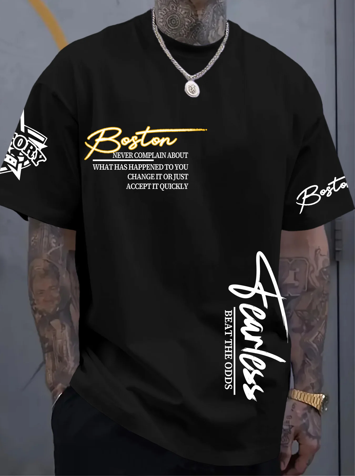 Boston Fearless Motivational Print Oversized T Shirt Men's Streetwear Inspirational Tee S-XXL
