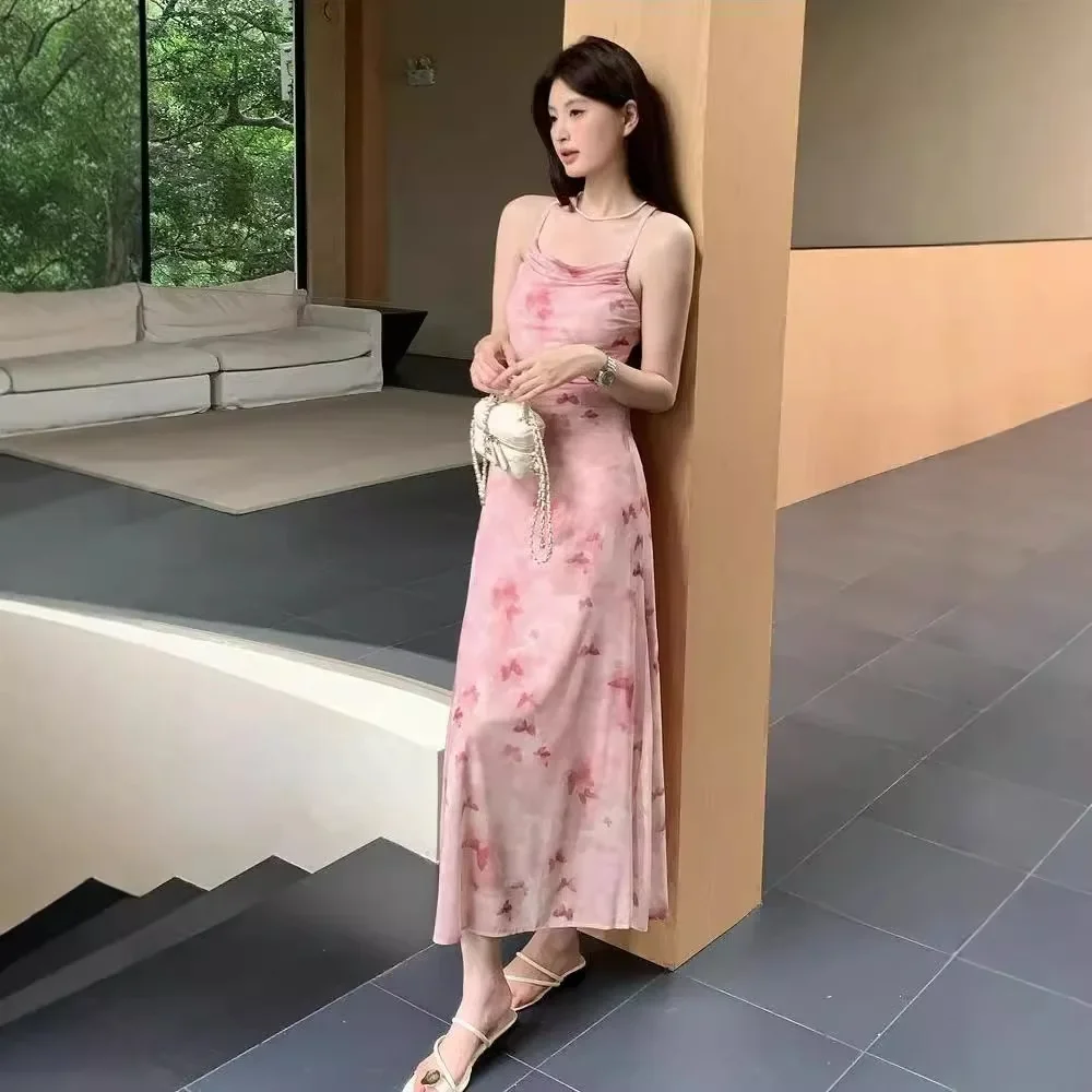 French Print Ruffle Hem Strapless Midi Dress Women's Summer Slim Fit Split Waist Cinched Long Skirt Maxi Dress