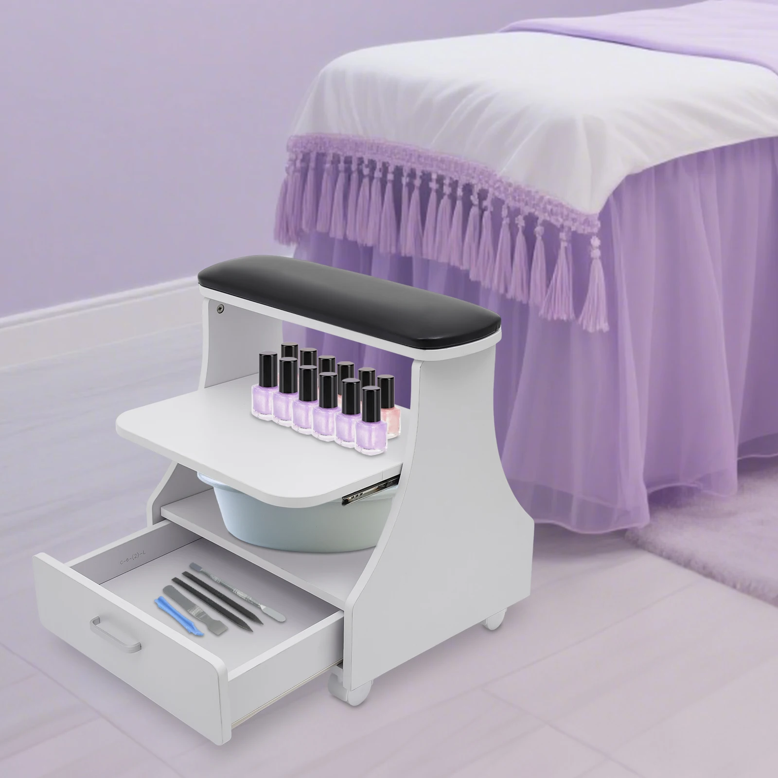 Carrello per pedicure e manicure da salone largo nero |   Carrello per estetista, pelle MDF/PVC, capacità 50 kg