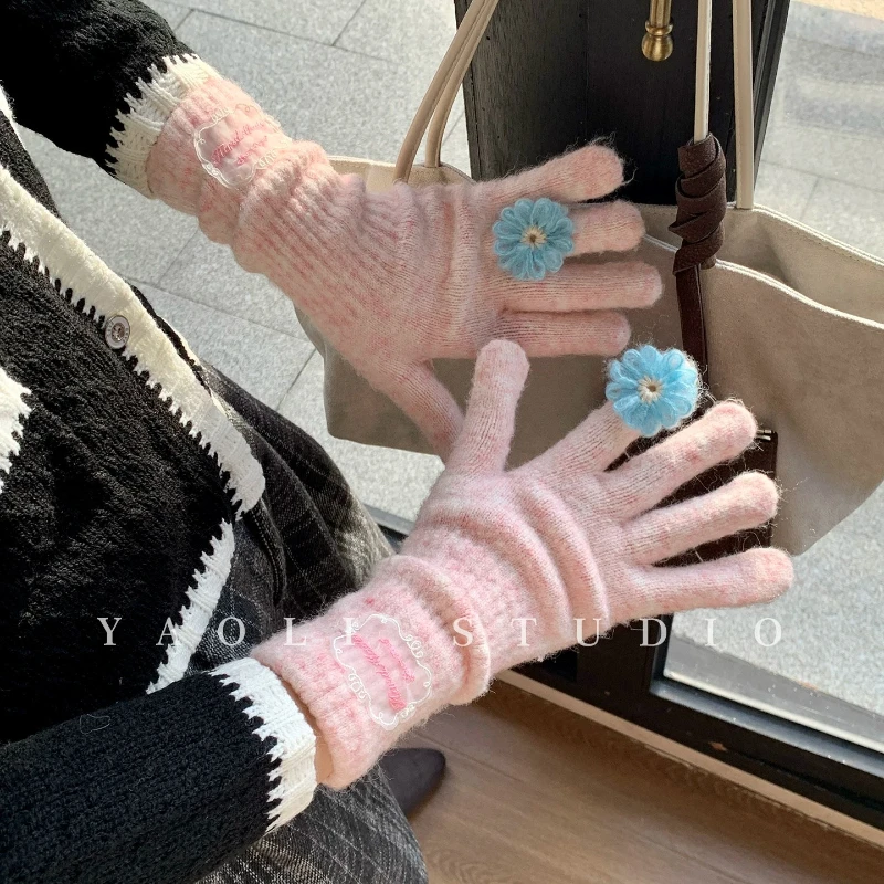 Flower Lace Korean Knitted Gloves, Women's Autumn and Winter Warm and Exposed Finger Touch Screen Cold Resistant Gloves Gift