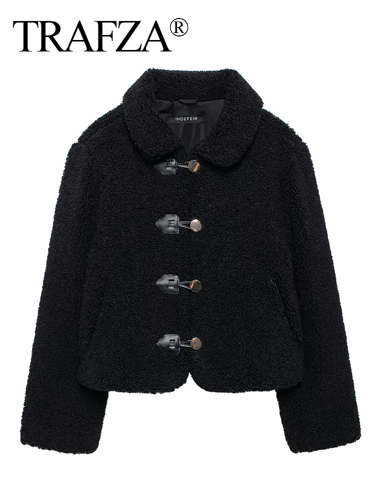 TRAFZA 2024 Women Casual Women\'s Solid Short Fleece Coat Knot Buckle Decoration Fleece Collar Long Sleeve Lady Plush Outwear
