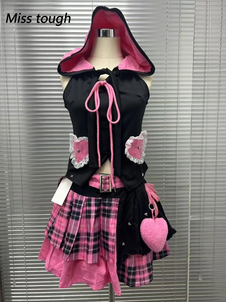 

New Gothic Vintage Elegant Women 2 Piece Sets Hooded Design Lace Y2k Tops + Plaid Chic Skirt Female Chic Koraen Popular Clothes