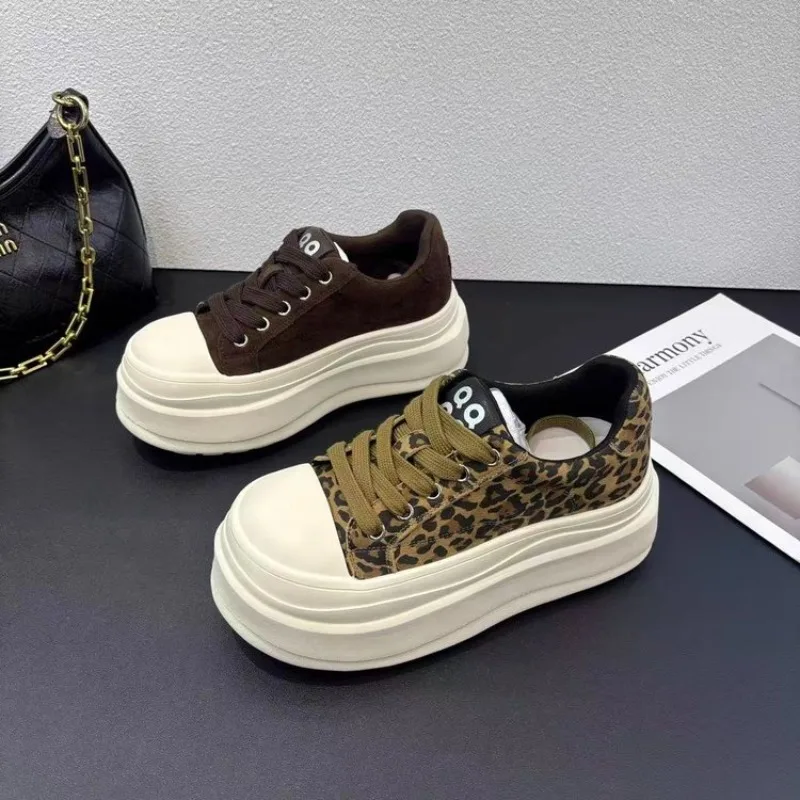Women Leopard Print Platform Sneakers, Thick Sole Lace Up Round Toe Casual Shoes, Fashion Chunky Low Top Canvas Shoes