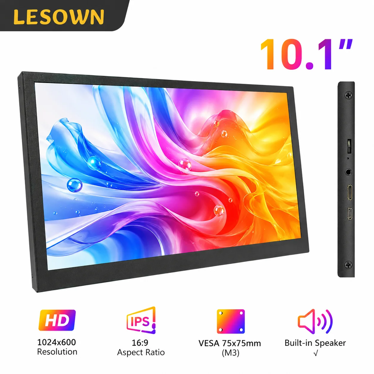 LESOWN 10.1 Inch LCD Monitor 1024x600 60Hz Type-C Mini HDTV VESA 75 Aluminum Screen for Raspberry Pi AIDA64 DIY PC