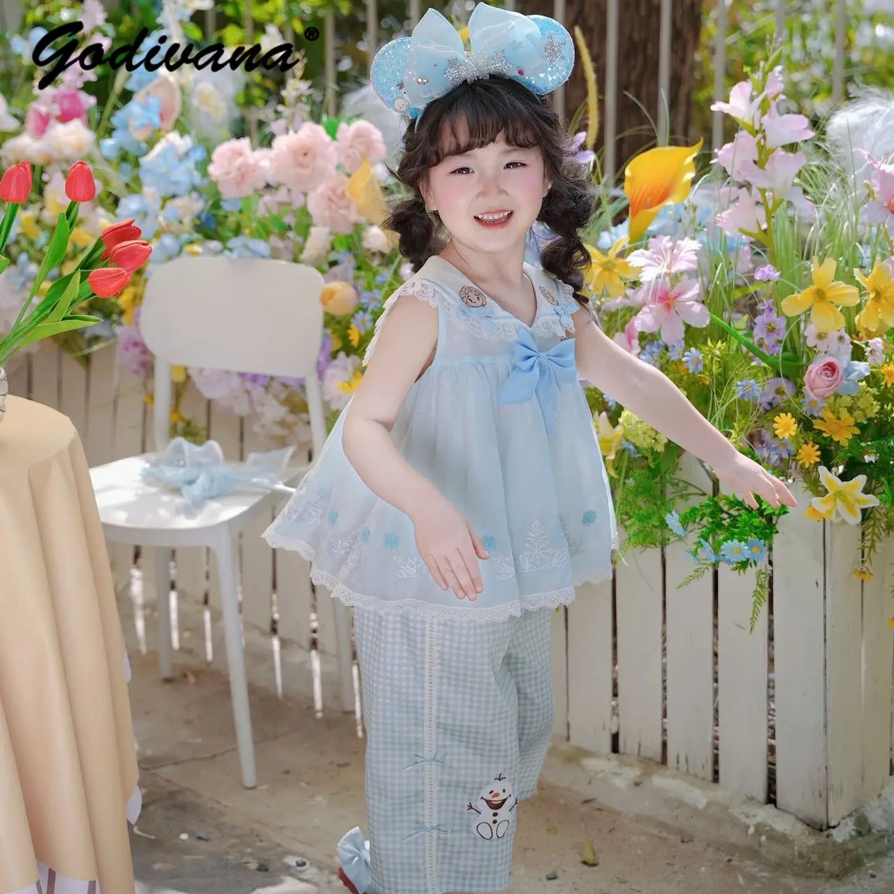 Original Sweet Baby Girls Cute Cartoon 2026 Summer New 2pcs Sets Kids Fashion Sleeveless Doll Collar Top and Blue Plaid Pants